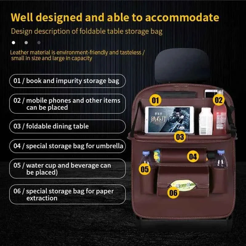 Car Back Seat Organizer Storage Bag with Foldable Table Accessory